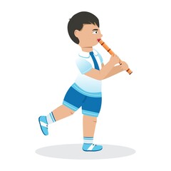 A boy playing the flute. A cartoon drawing. Flat. Vector.