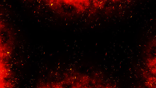 Fire embers particles over black background. Fire sparks background. Abstract dark glitter fire particles lights.	
