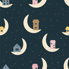 Christmas, home on the moon, night, winter, house. Pattern for fabric, paper. Seamless pattern