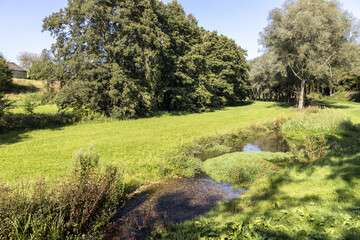 The infant River Windrush at Barton near the Cotswold village of Guiting Power, Gloucestershire UK