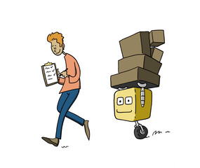 Automation, man walking with checklist and robot follows carrying boxes