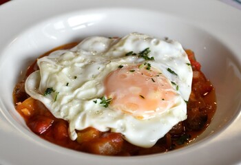 White plate with a base of ratatouille and fried egg with parsley on top. Menu of the day dish in La Rioja, Spain.