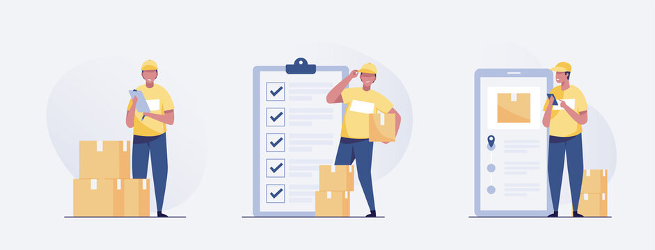 delivery man standing with parcel box and list of parcels. Vector illustration