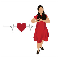 Heartbeat line. Valentine heartbeat vector. Heart beat. Pulse. Woman in a red dress. Heart made by hand. Heart made from fingers. Vector illustration for medical proposals and websites.