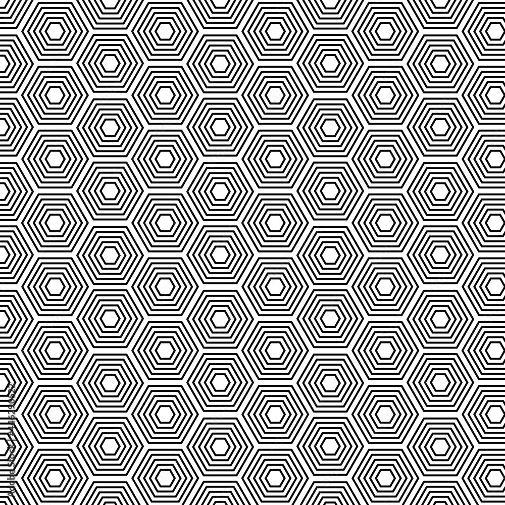 Poster Background seamless pattern spirals and hexagon. Abstract cellular background stripe black and white line. Geometric line vector. Luxury create background design. Japanese Doodle art. 
