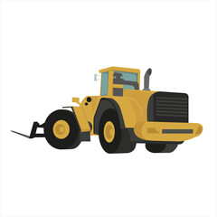 Naklejka premium Construction loader. Forklift. Forklift truck yellow color loads the cargo. Cargo delivery, shipping. Stock vector illustration on white isolated background