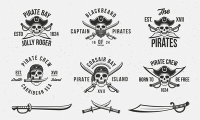 Vintage Pirate skull logo templates and 3 swords. Elements for t-shirt, tattoo, typography design. Pirate, Skull emblems templates. Saber, knife, sword icons. Vector illustration