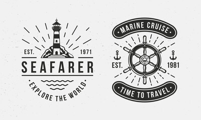 Marine, Nautical logo templates. Old vintage Lighthouse and Ship Wheel logo with grunge texture and light rays. Print for t-shirt, typography. Nautical emblems. Vector illustration