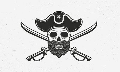 Pirate Captain vintage logo template. Pirate logo. Skull with beard, pirate hat and crossed swords isolated on white background. Print for T-shirt, typography. Vector illustration