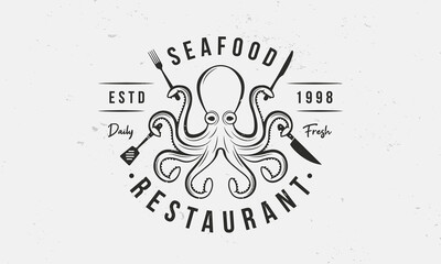 Seafood Restaurant logo, poster template. Vintage emblem template for Seafood Restaurant, Fish Store. Octopus with fork, knife, spatula and knife. Template for restaurant menu. Vector illustration © Denys Holovatiuk