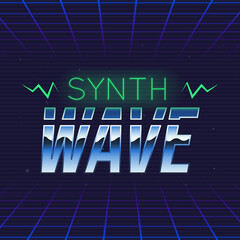 Synthwave retro futuristic logo. Synthwave music logo design. 80's style label. Trendy retro 1980s logo design. Vector Print for T-shirt, typography.