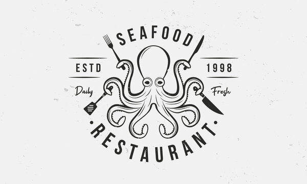 Seafood Restaurant logo, poster template. Vintage emblem template for Seafood Restaurant, Fish Store. Octopus with fork, knife, spatula and knife. Template for restaurant menu. Vector illustration