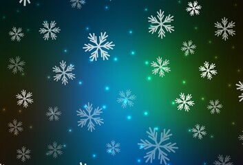 Fototapeta na wymiar Dark Blue, Green vector texture with colored snowflakes, stars.