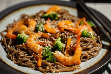 Buckwheat noodles with shrimps, carrots, broccoli, green onions and soy sauce. Vegan soba noodles. Asian food on grey textured table. Seafood healthy diet concept, copy space. 