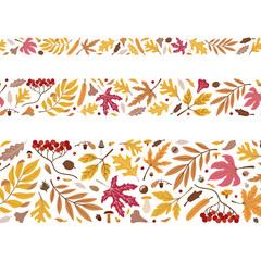 Fototapeta na wymiar Set of modern hand-drawn autumn seamless borders. Flat organic trendy style. Colorful fall decorations. Oak, maple, rowan leaves, rowan berries, acorns. Yellow, red and brown colors. White background.