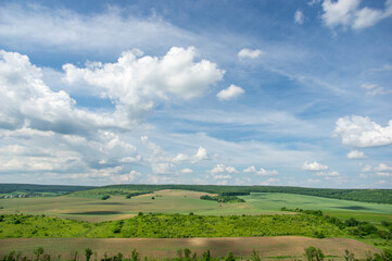Summer landscape and white clouds over green fields