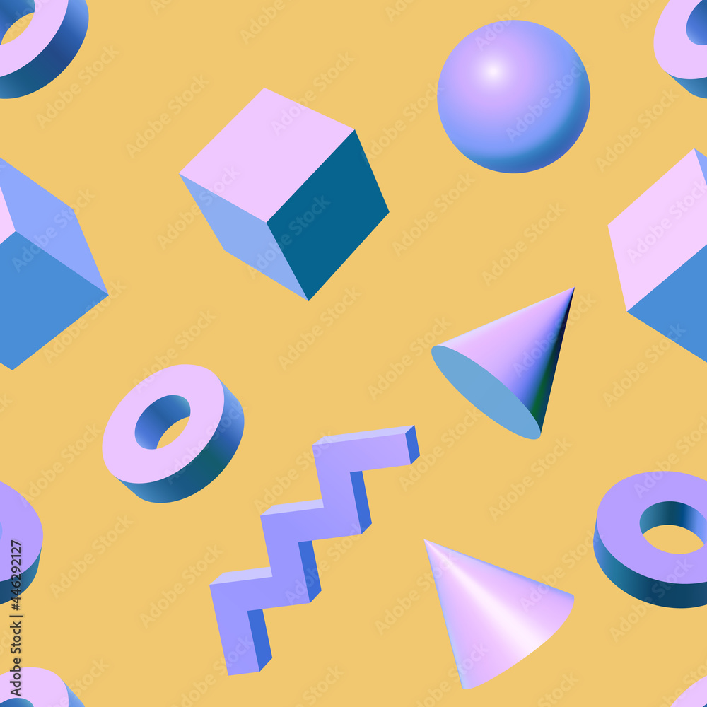 Poster seamless pattern with golden 3d shapes flying over aqua menthe green backdrop, abstract background f