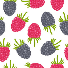 A bright autumn seamless pattern consisting of juicy ripe strawberries, raspberries, blackberries of red and black color. Berry pattern vector illustration