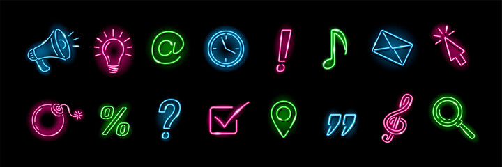 Set of neon icons isolated on black background for social media or business: questional, exclamation mark, musical note, lightbulb, percentage sign, envelope, magnifier. Vector 10 EPS illustration.