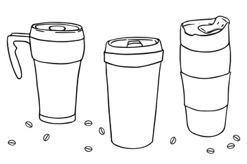 Illustration set of doodle black outline thermal cups.