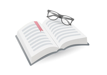 Opened book and eyeglasses. Colored vector illustration. Isolated on white background.