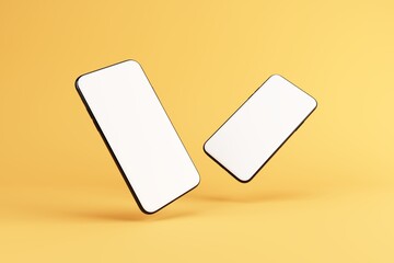 Two similar smartphone mock ups isolated on yellow background. Template with blank white screen for adding your content. 3D illustration.