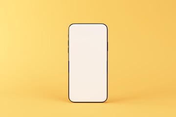 Vertically oriented white smartphone over yellow background. Template with blank white screen for adding your content. 3D illustration.