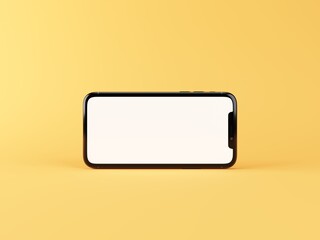 Horizontally oriented smartphone isolated on yellow. Template with blank white screen for adding your content. 3D illustration.