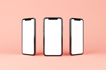 Three smartphones from various angles isolated on pink. Template with blank white screen for adding your content. 3D illustration.
