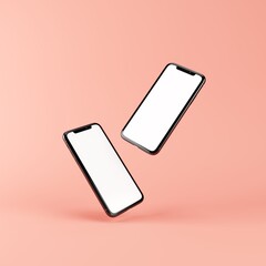 Two smartphone mockups isolated on pink. Template with blank white screen for adding your content. 3D illustration.