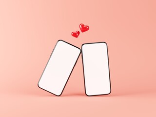 Pair of blank smartphones snuggling together on pink background, two red heart symbols above. Love, emotions, Valentines day template. 3D illustration.