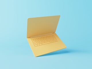Matt yellow mockup of open laptop on blue background. Template to presentation of your content. 3D illustration. - obrazy, fototapety, plakaty
