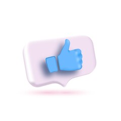 Pink 3d realistic bubble with a blue thumbs up icon with a shadow isolated on a white background.