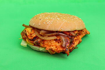 Chicken fillet burger behind green screen