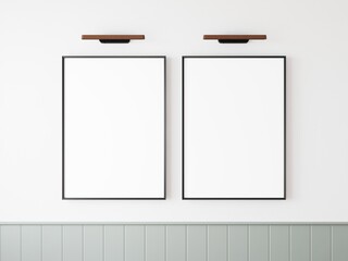 Two blank rectangular picture frames hanging on white wall, grey tiles. Place for your product. 3D illustration.