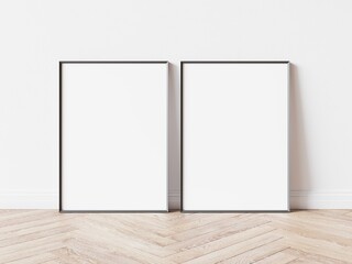 Two blank vertically oriented rectangular exhibition backgrounds with dark thin border standing on wooden floor. 3D Illustration. - obrazy, fototapety, plakaty