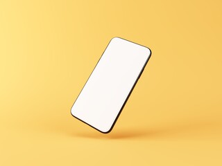 Mobile phone mock up isolated on yellow background. Smartphone with blank white screen for adding your content. 3D illustration.