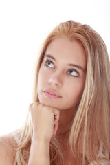 Naklejka premium thoughtful girl, portrait on the white neutral background