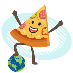 Cartoon Pizza Character keeping his foot above the planet