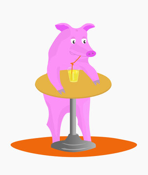 Funny pig at the table drinks a drink from a glass with a tube. Cartoon character. Vector illustration on a white background.