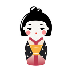 Cute Kokeshi doll in kimono. Traditional japanese souvenir. Vector kawaii kimono girl.
