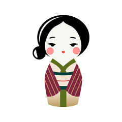 Cute Kokeshi doll in kimono. Traditional japanese souvenir. Vector kawaii kimono girl.