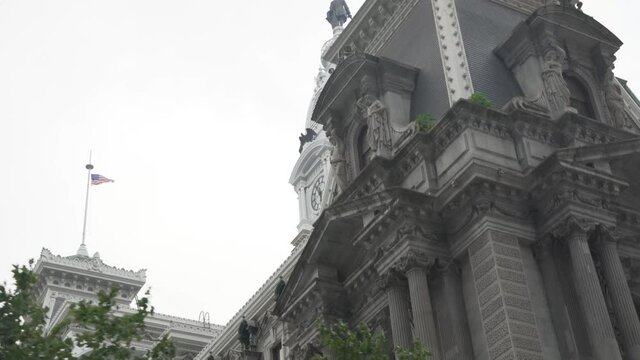 William Penn Statue in Philadelphia, Low Angle Footage of Old Buildings