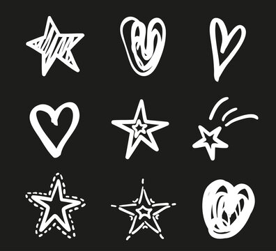 Hand drawn white stars and hearts on isolated black background. Freehand art. Black and white illustration
