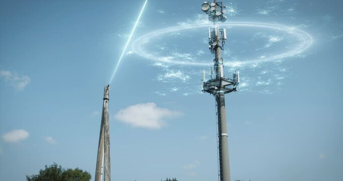 Transmitter mast sends wireless digital 5G 6G data packets. Telecommunications tower against a blue sky. Tilt up shot.