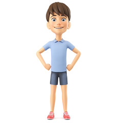 Cheerful cartoon character boy in a blue shirt stands on a white background. 3d render illustration.