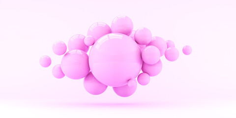 Abstraction from flying pink spheres on a pink background. 3d render illustration for ideas.