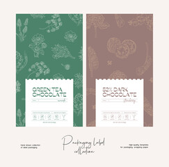 Hand drawn line art food vector packaging label design template. Boho style illustration of elegant signs and badges for cafe, restaurant, food and drinks products.
