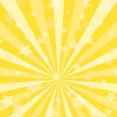 Sunlight background. Golden yellow color burst background with shining stars. Vector illustration.