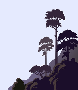 Pine tree on a cliff, rocky shore with tall trees. Vector illustration in flat cartoon style